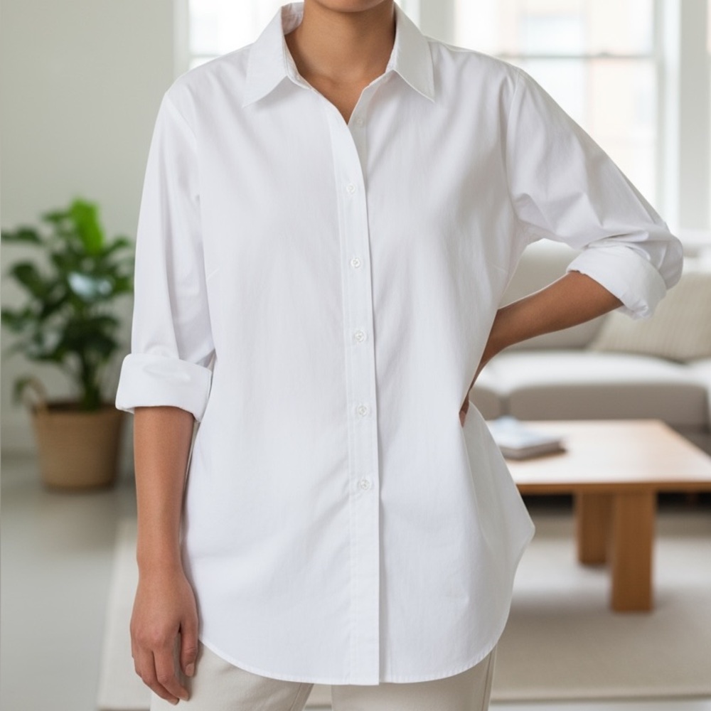Talbots All Cotton Button Down White Tunic Top, Large